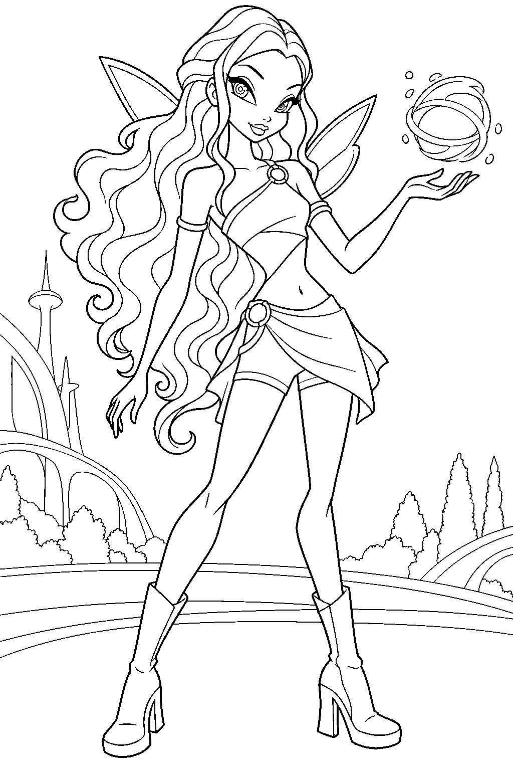 winx club aisha in her magic winx outfit creating a morphix sphere line art