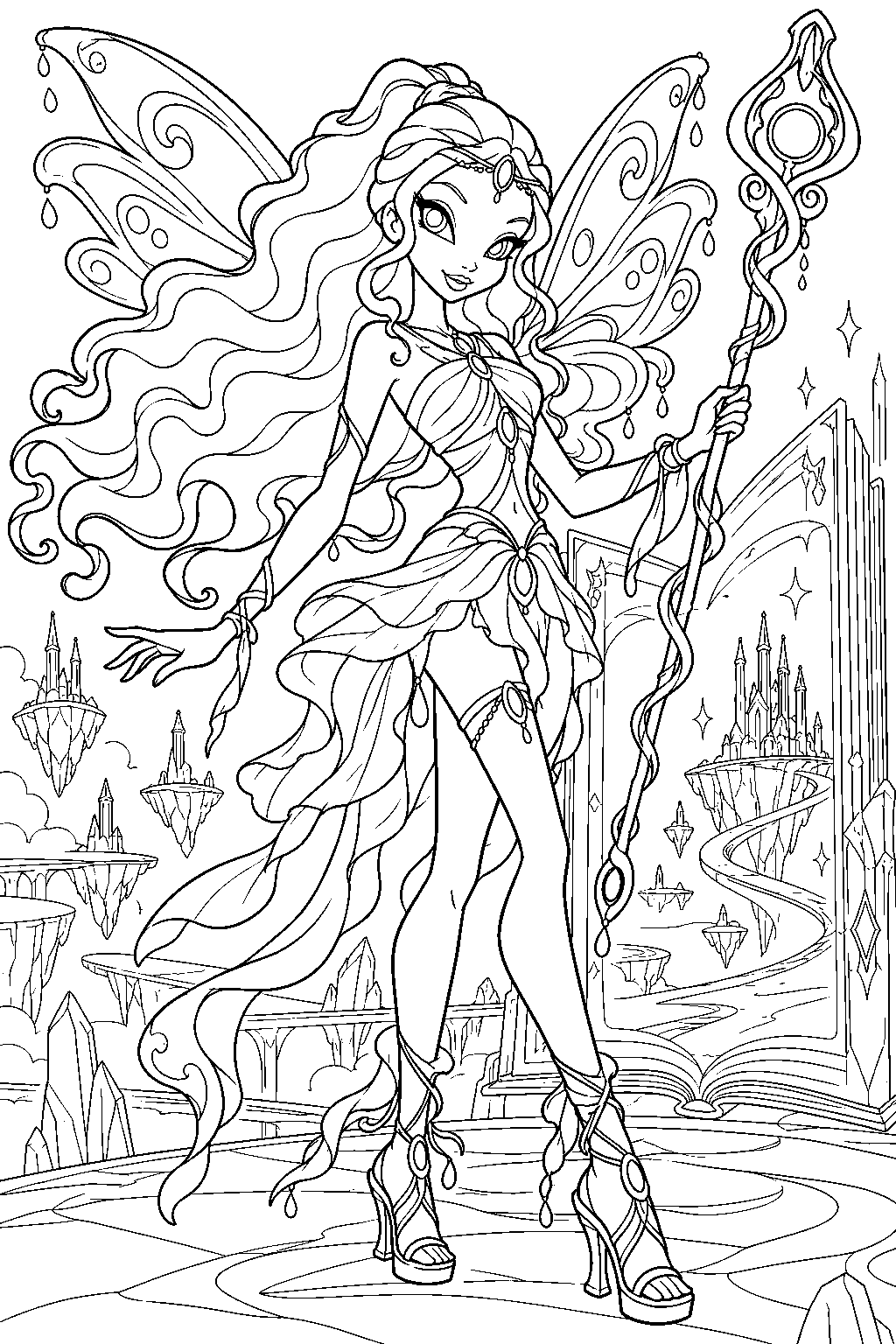 winx club aisha in her mythix outfit holding her ancestral wand in the legendarium world line art