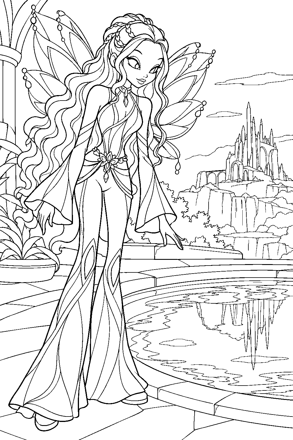 winx club aisha in her onyrix outfit viewing a distant place through a pool of water line art