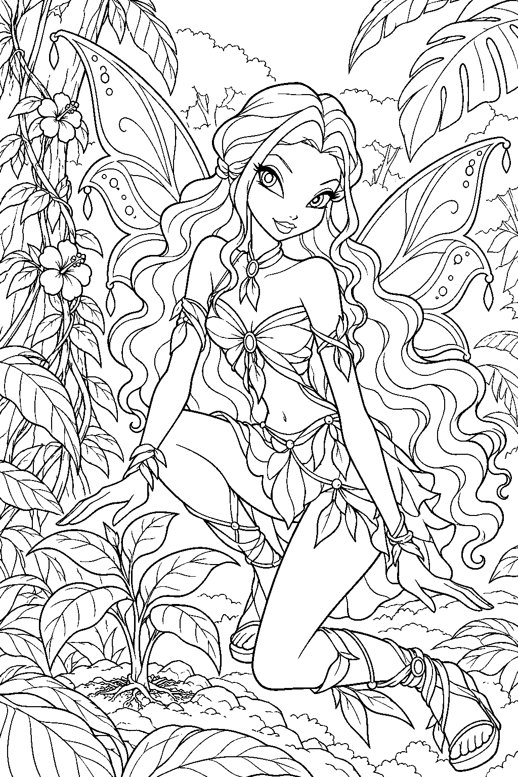 winx club aisha in her sophix outfit protecting the amazon rainforest line art