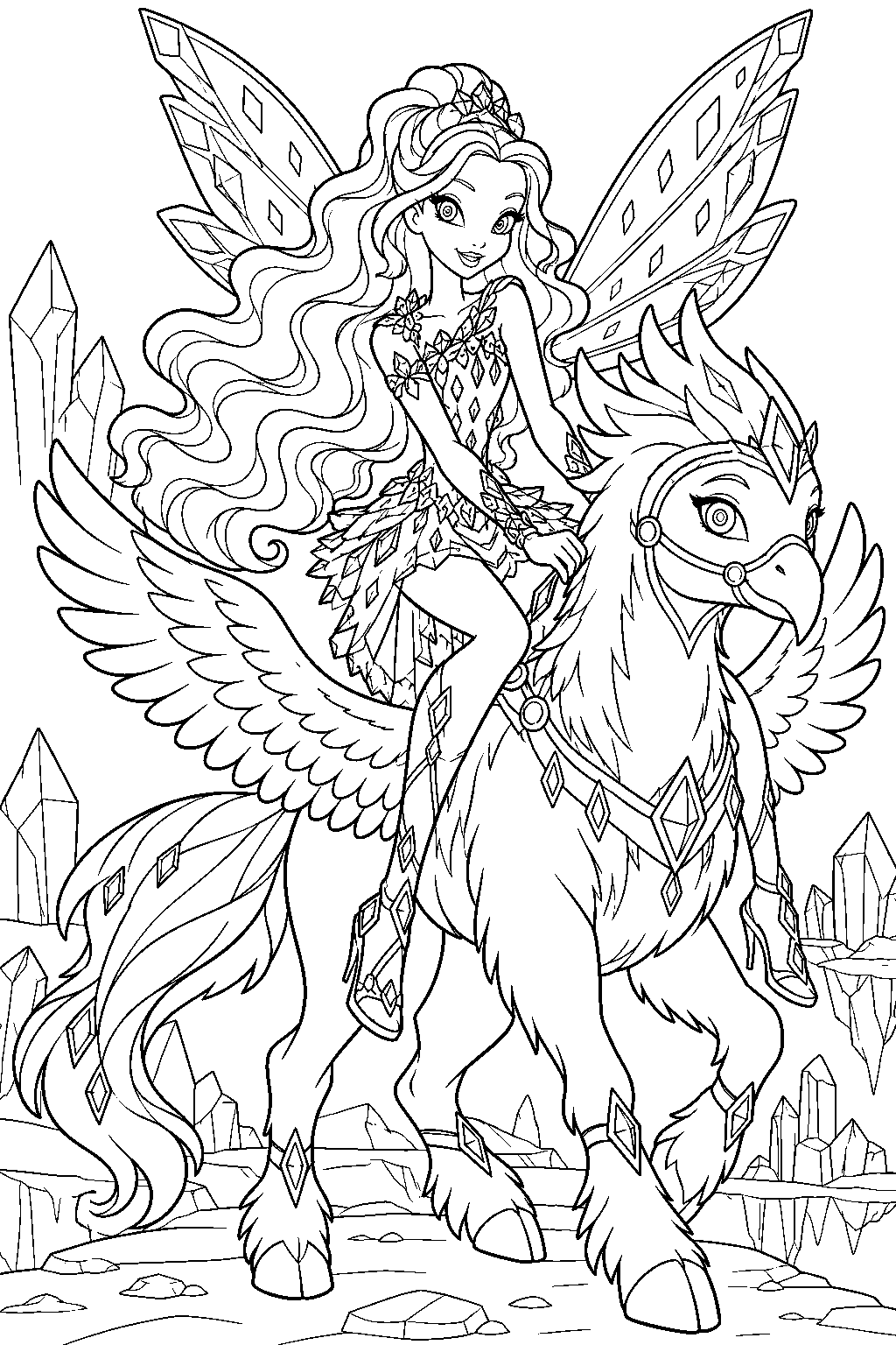 winx club aisha in her tynix outfit riding squonk s winged miniworld form line art