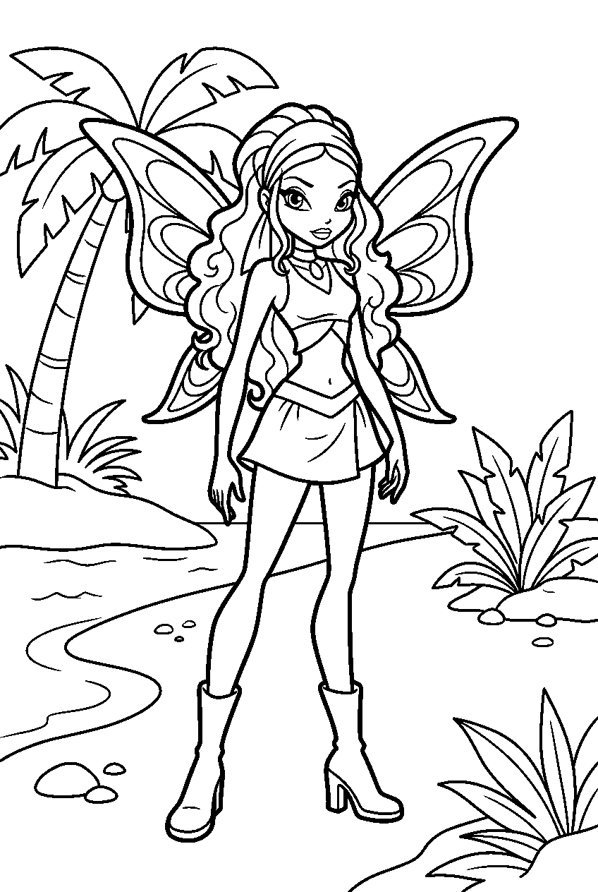 winx club aisha on tropical island line art