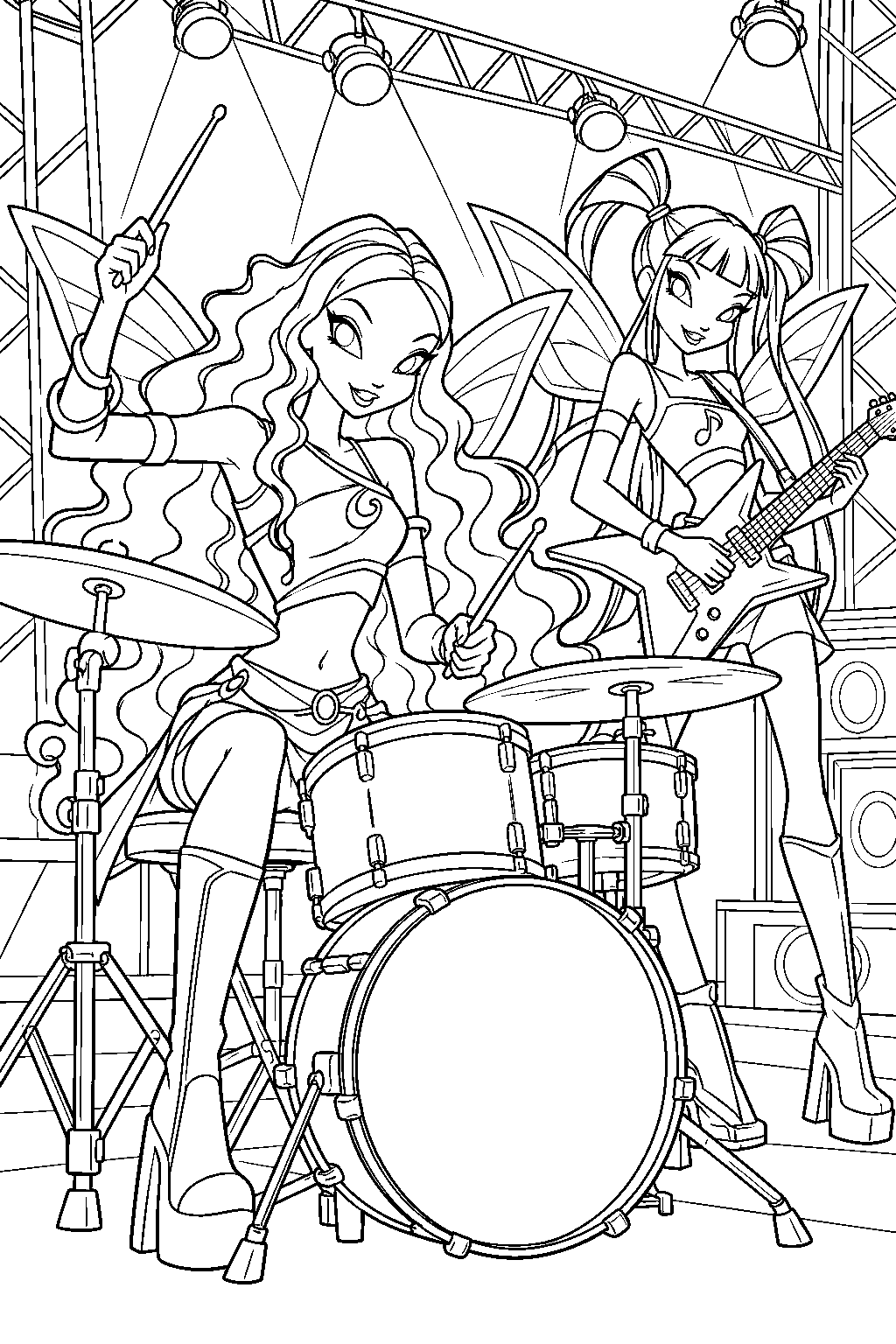winx club aisha playing drums with musa at a winx band concert line art