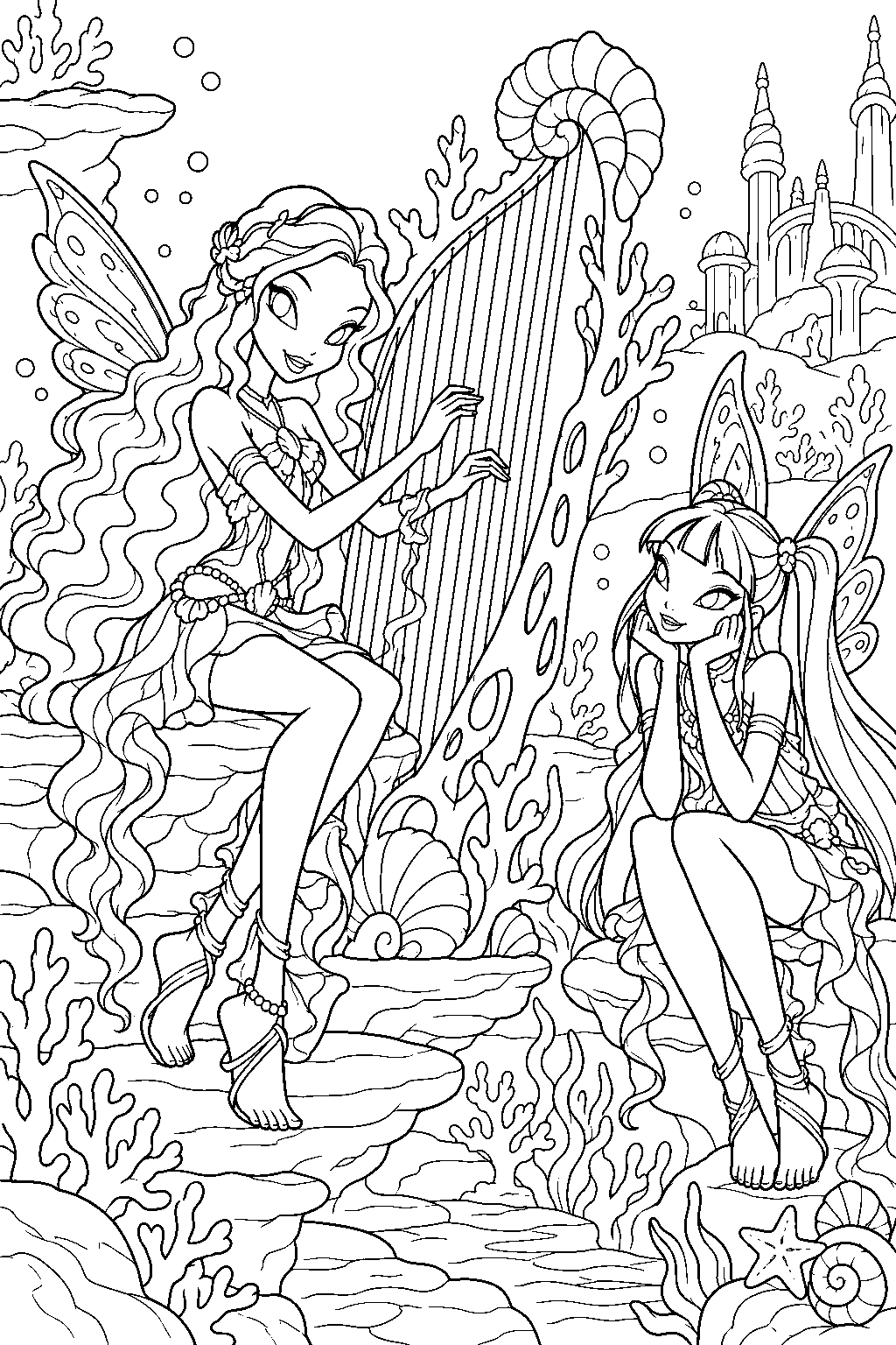 winx club aisha playing the coral harp with musa at ruby reef line art