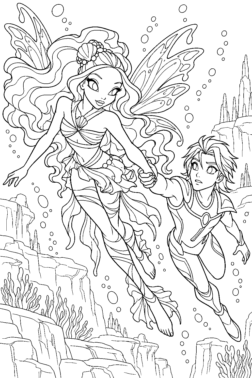 winx club aisha rescuing nex in the depths of andros line art