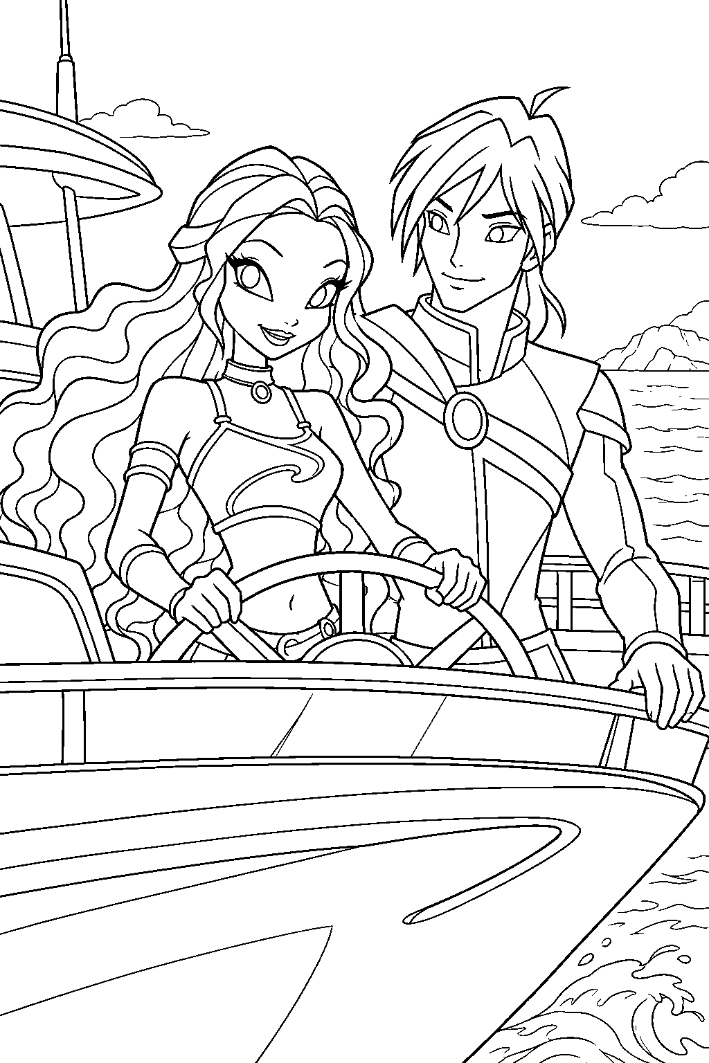 winx club aisha steering the odyssea explorer yacht with roy beside her line art