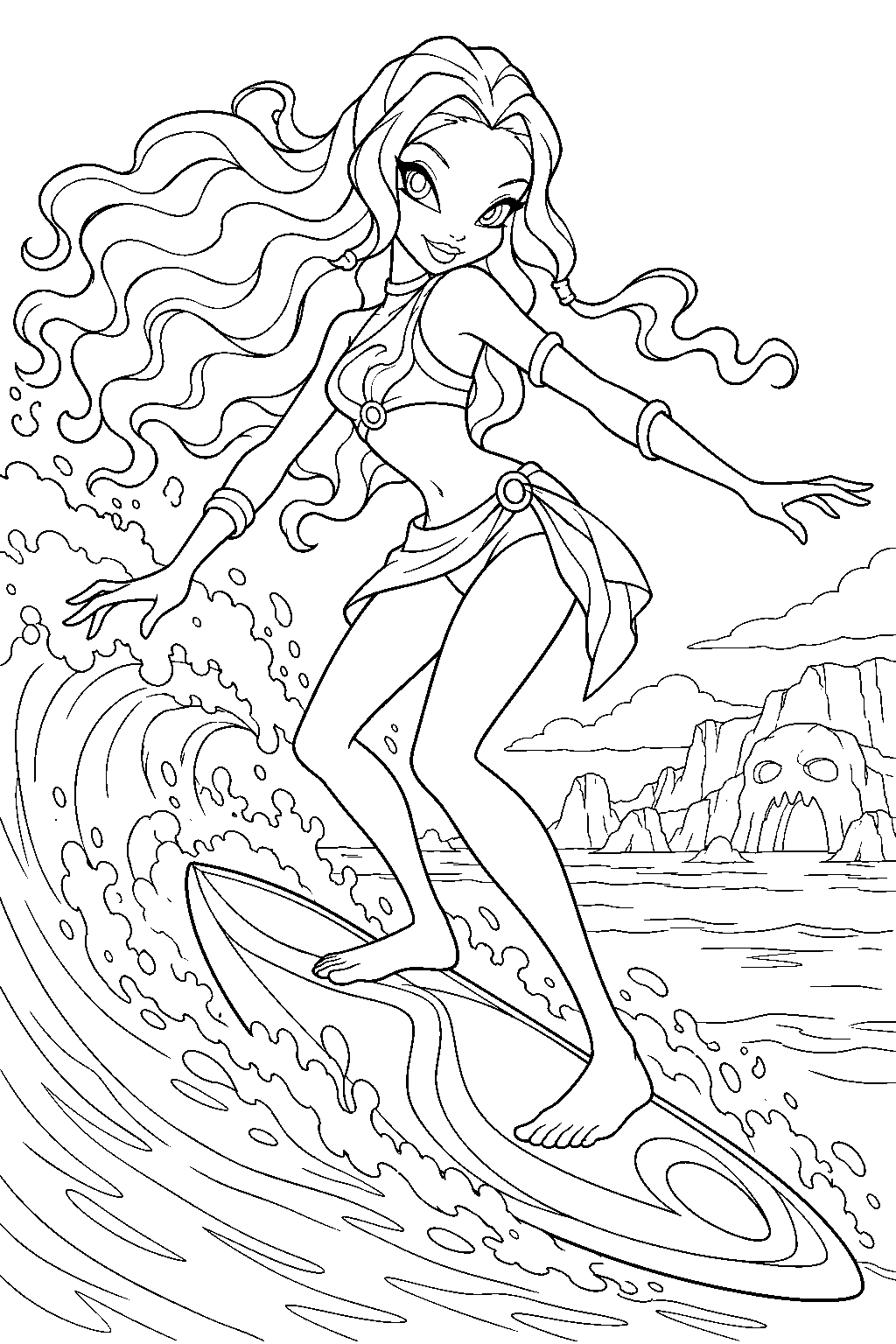 winx club aisha surfing a wave on her morphix surfboard at calavera line art