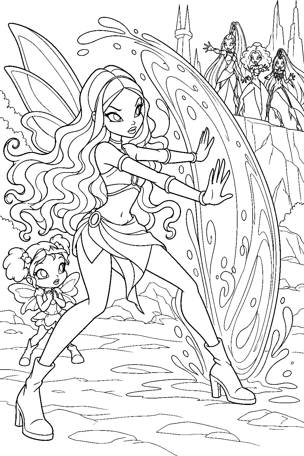winx club aisha using a morphix shield to protect the pixies from the trix line art