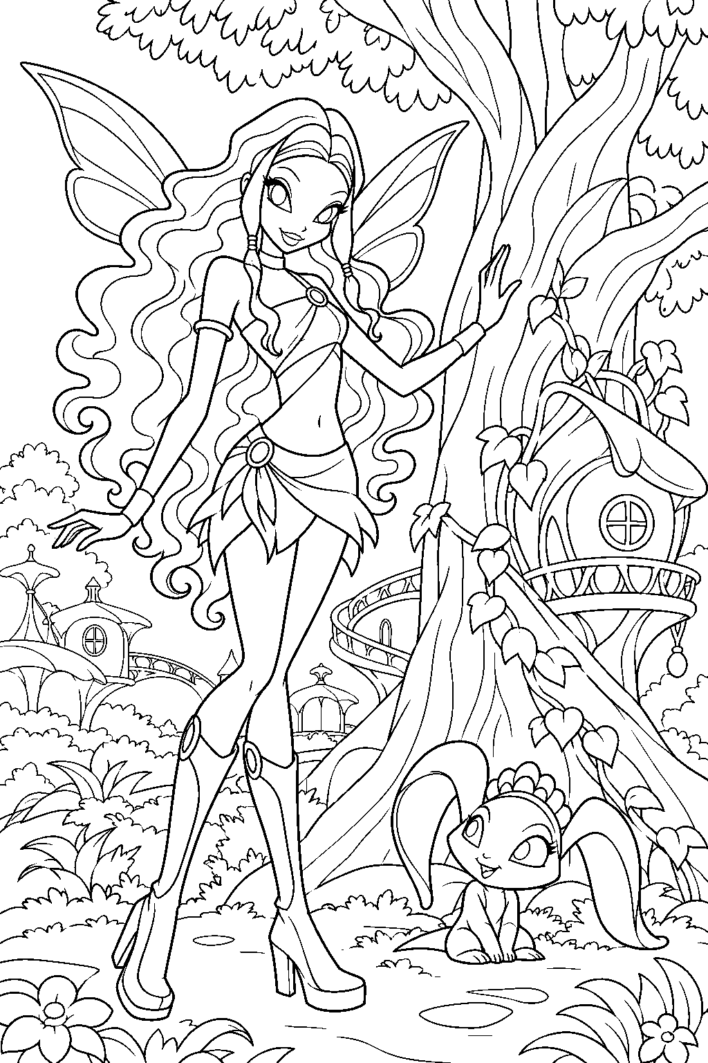 winx club aisha visiting the tree of life in pixie village line art