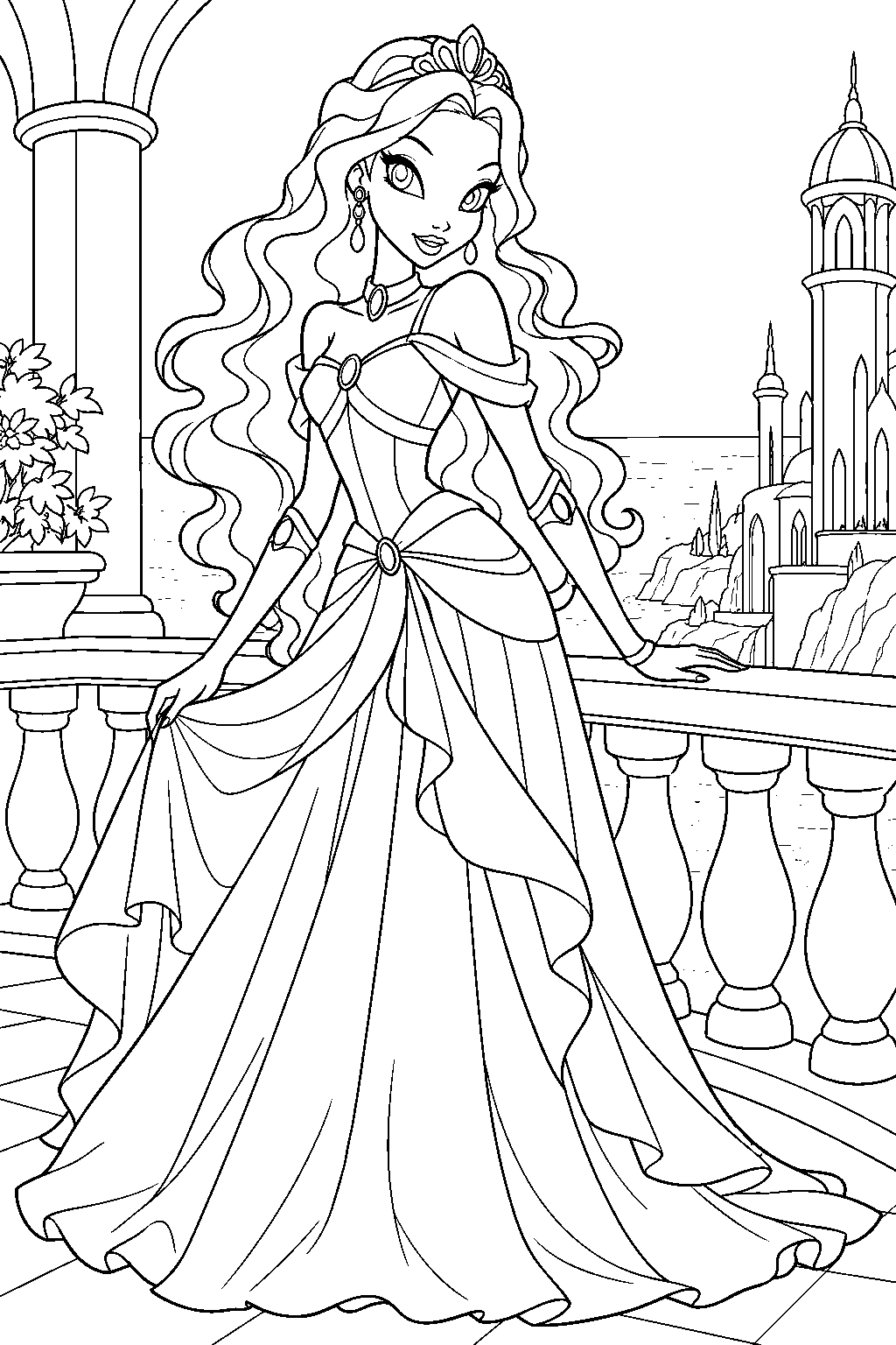 winx club aisha wearing a royal princess dress on the balcony of the andros palace line art