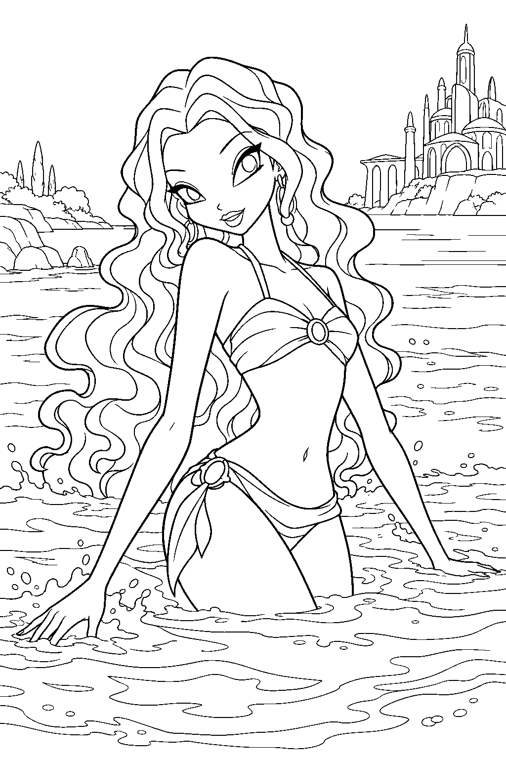 winx club aisha wearing her beach outfit while swimming near the andros shore line art