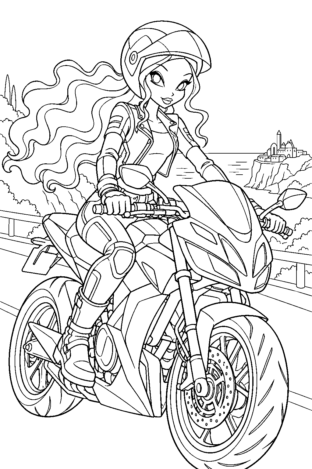 winx club aisha wearing her biker outfit and helmet while riding a motorbike line art
