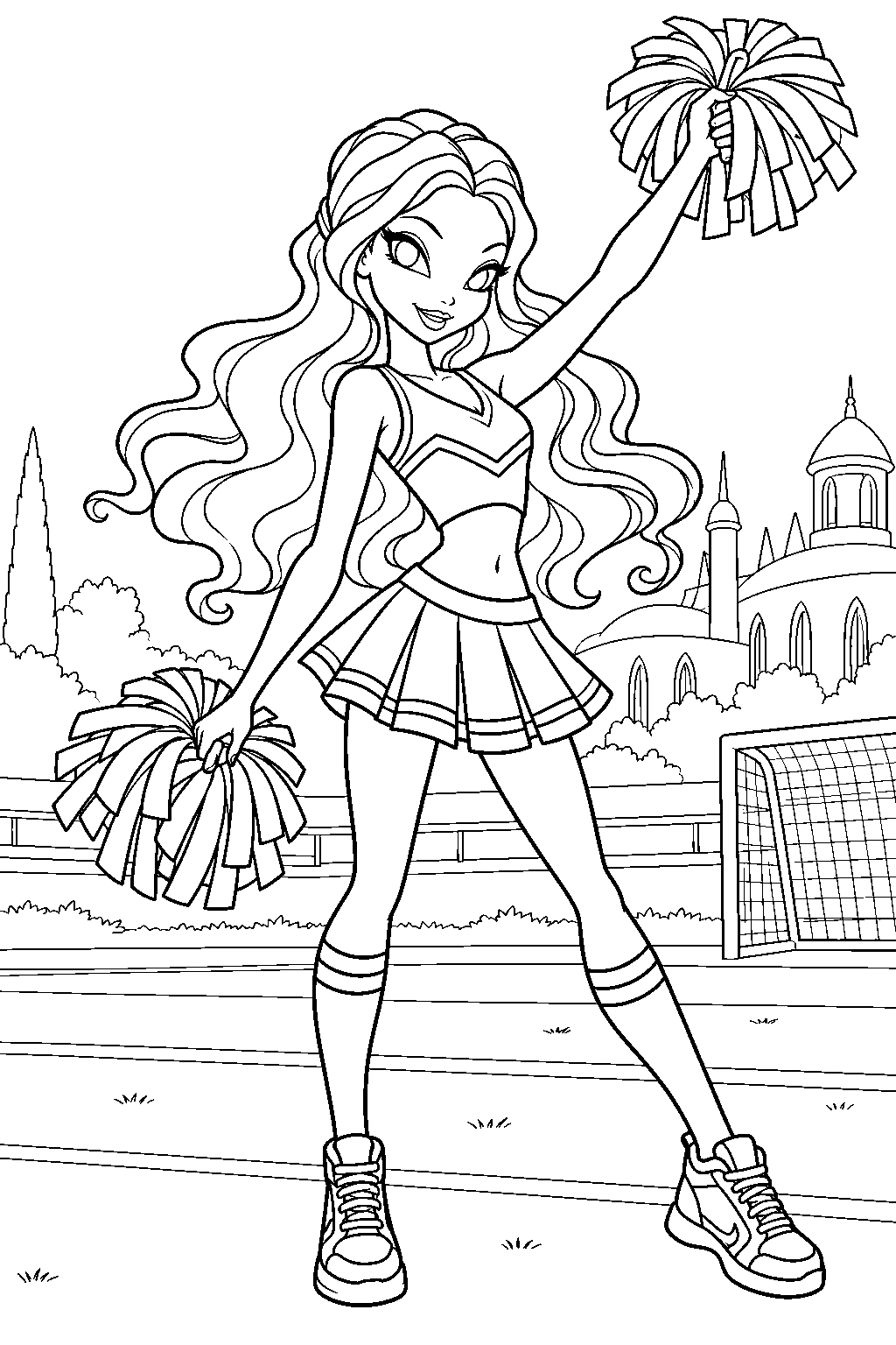 winx club aisha wearing her cheerix outfit with pom poms on the alfea sports field line art