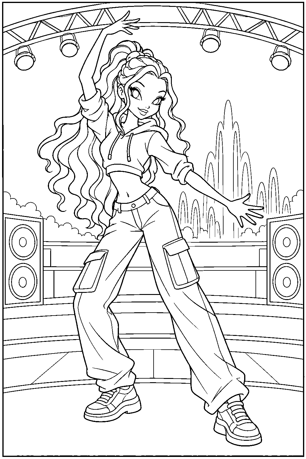 winx club aisha wearing her concert hoodie and cargo pants while dancing at red fountain line art