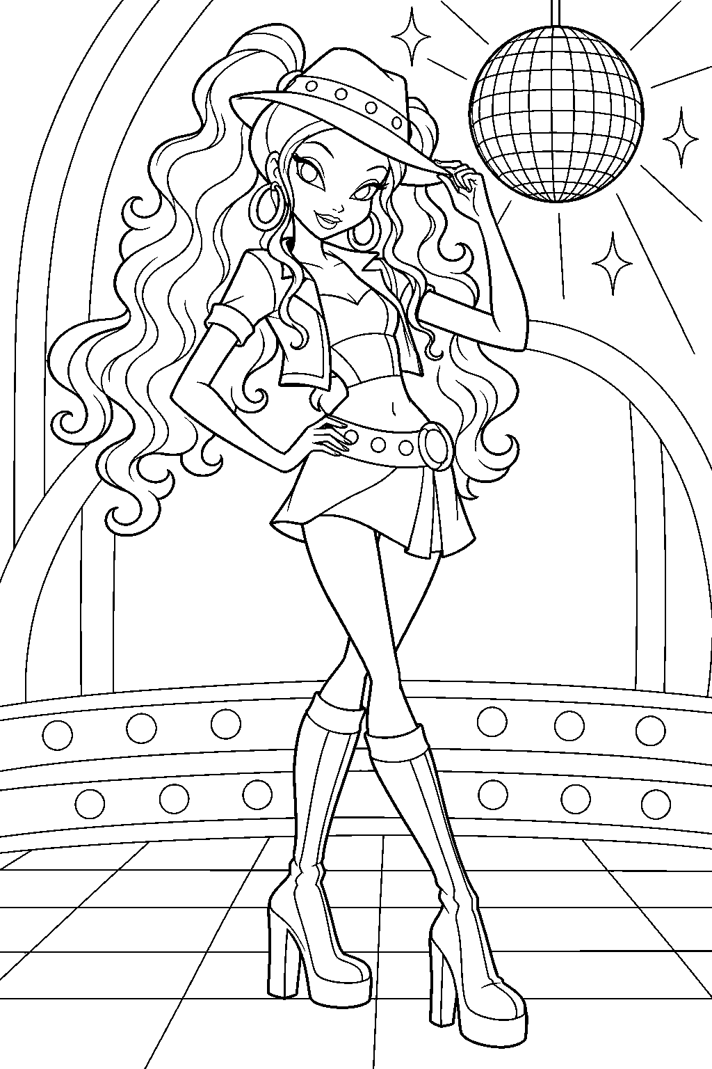 winx club aisha wearing her disco outfit and brimmed hat beneath a disco ball line art