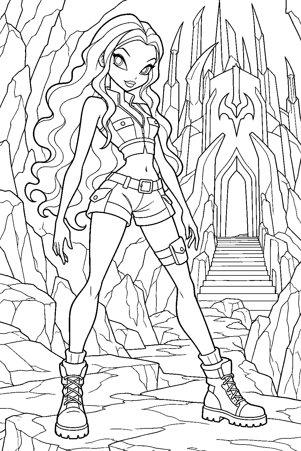 winx club aisha wearing her explorer outfit at the entrance to lord darkar s fortress line art