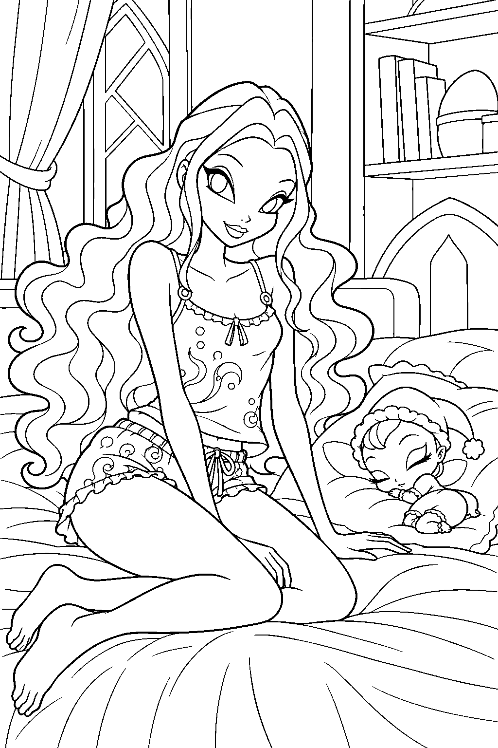 winx club aisha wearing her pajamas while piff sleeps beside her in the alfea dormitory line art