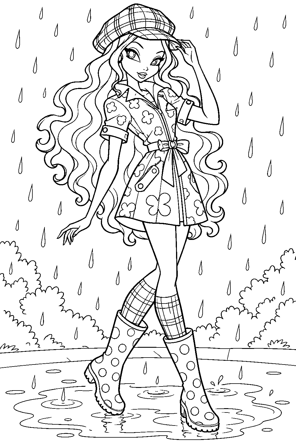 winx club aisha wearing her raincoat and patterned rain boots beside a puddle line art