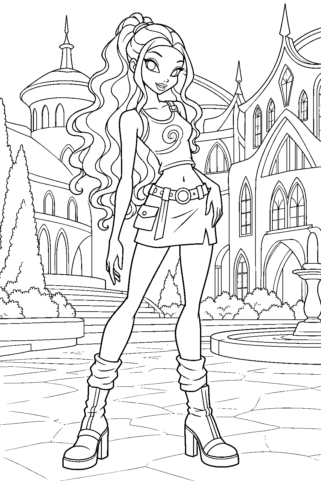 winx club aisha wearing her season 2 casual outfit in the alfea school courtyard line art