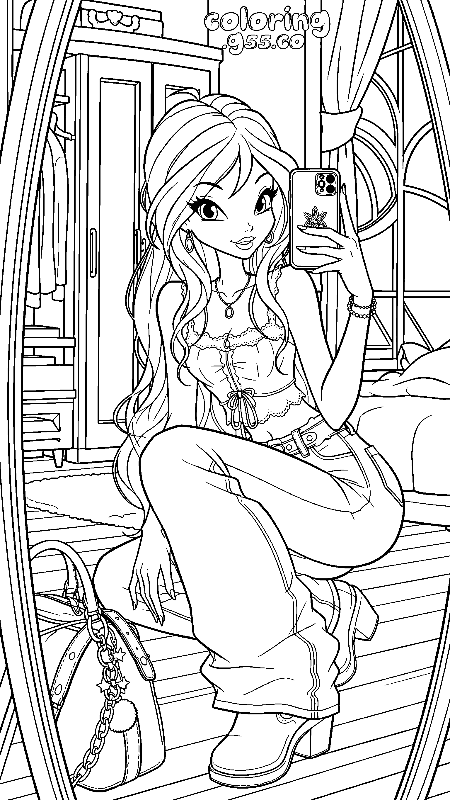 winx bloom bedroom selfie digital line art