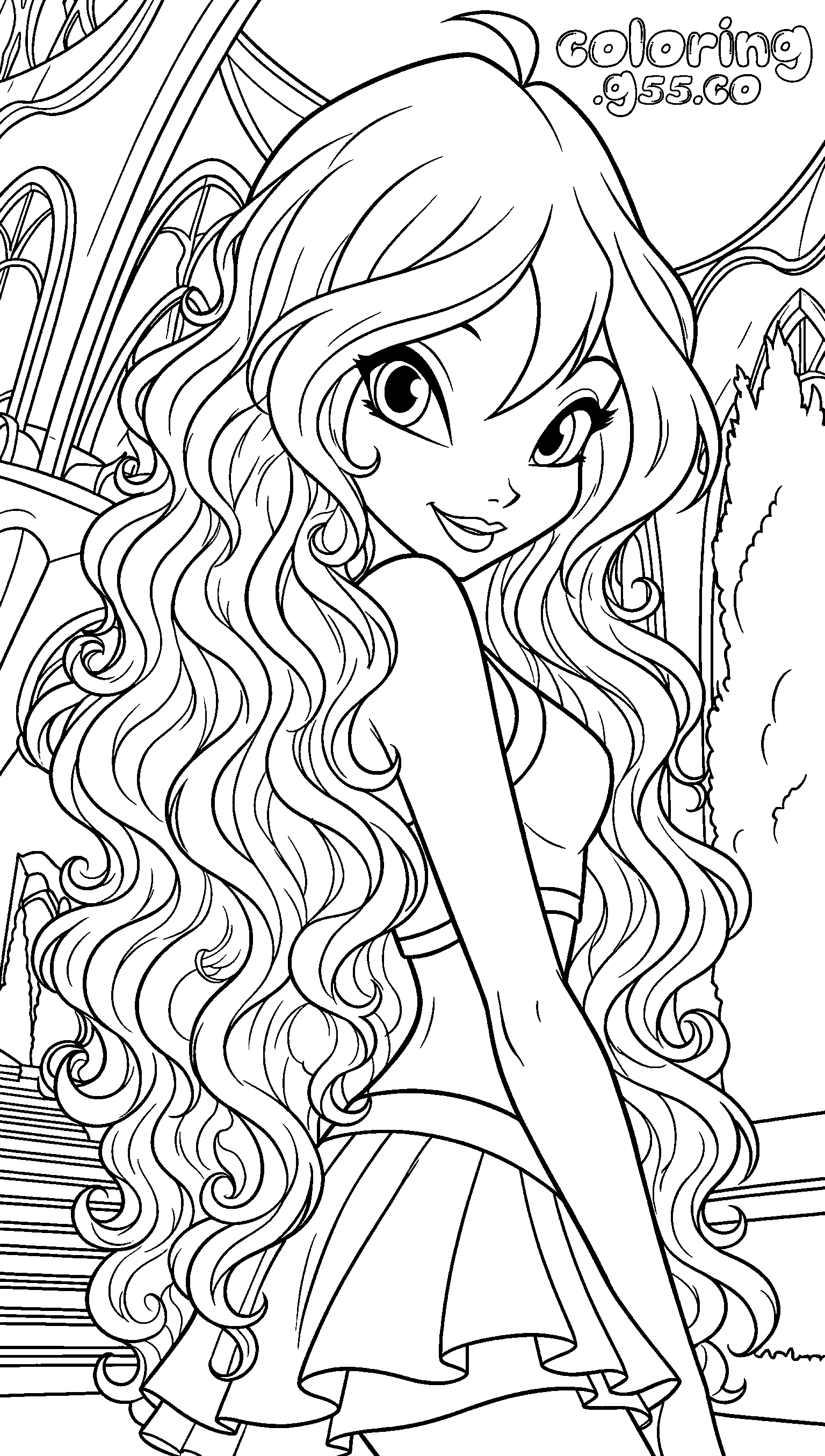 winx bloom castle long curly hair line art for kids