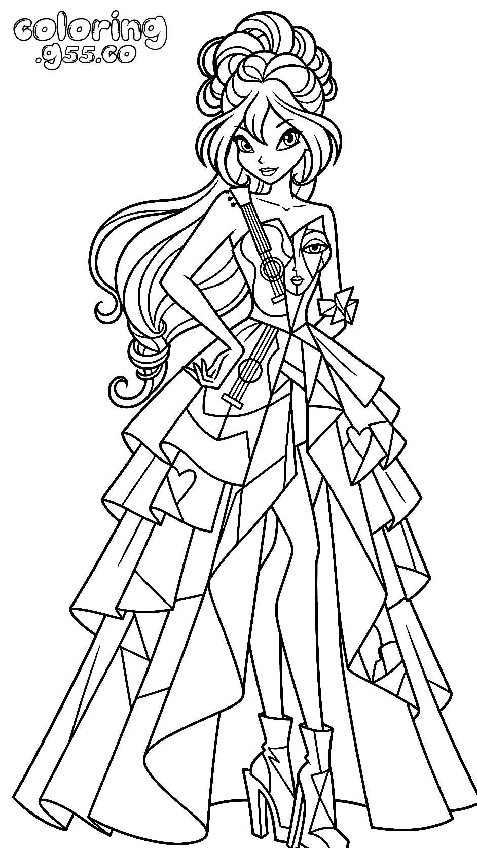winx bloom fashion gown line art for kids