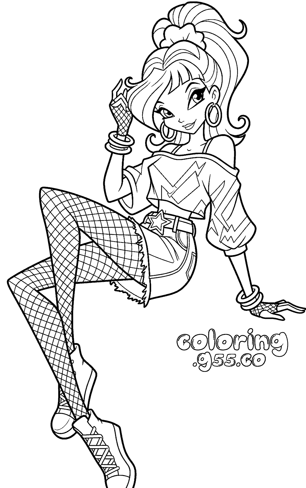 winx bloom fishnet rocker line art for kids