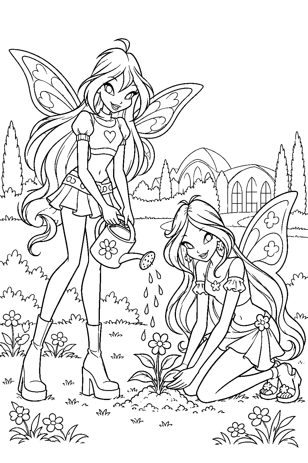 winx club bloom and flora planting flowers in the alfea garden line art