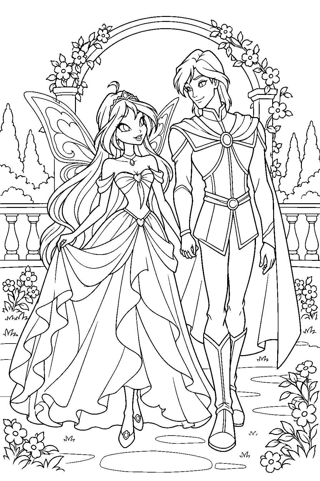 winx club bloom and sky holding hands in the palace gardens line art