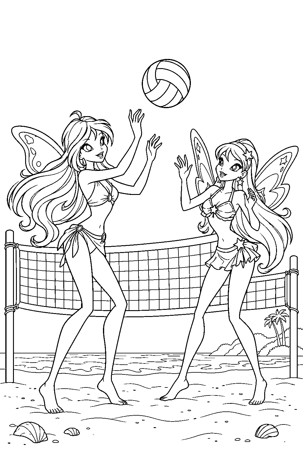 winx club bloom and stella playing beach volleyball line art