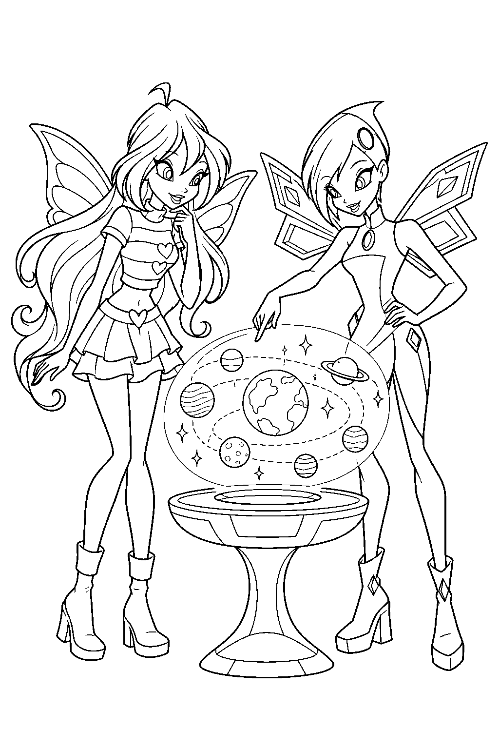 winx club bloom and tecna studying a holographic map of the magic dimension line art