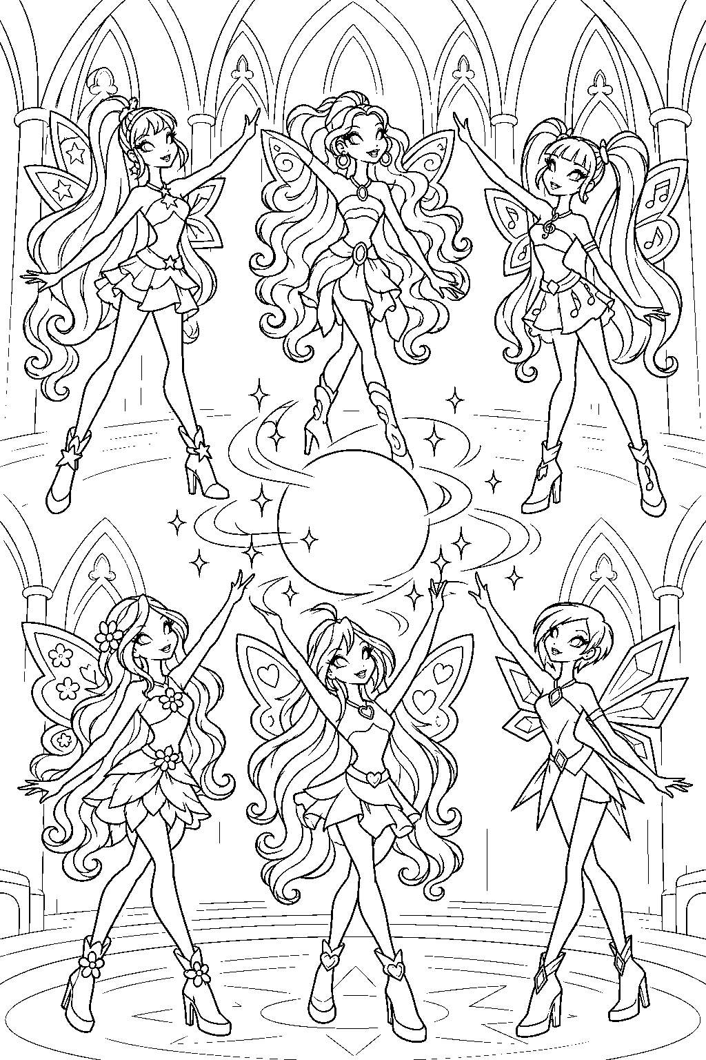 winx club bloom and the winx fairies performing a convergence spell at alfea line art