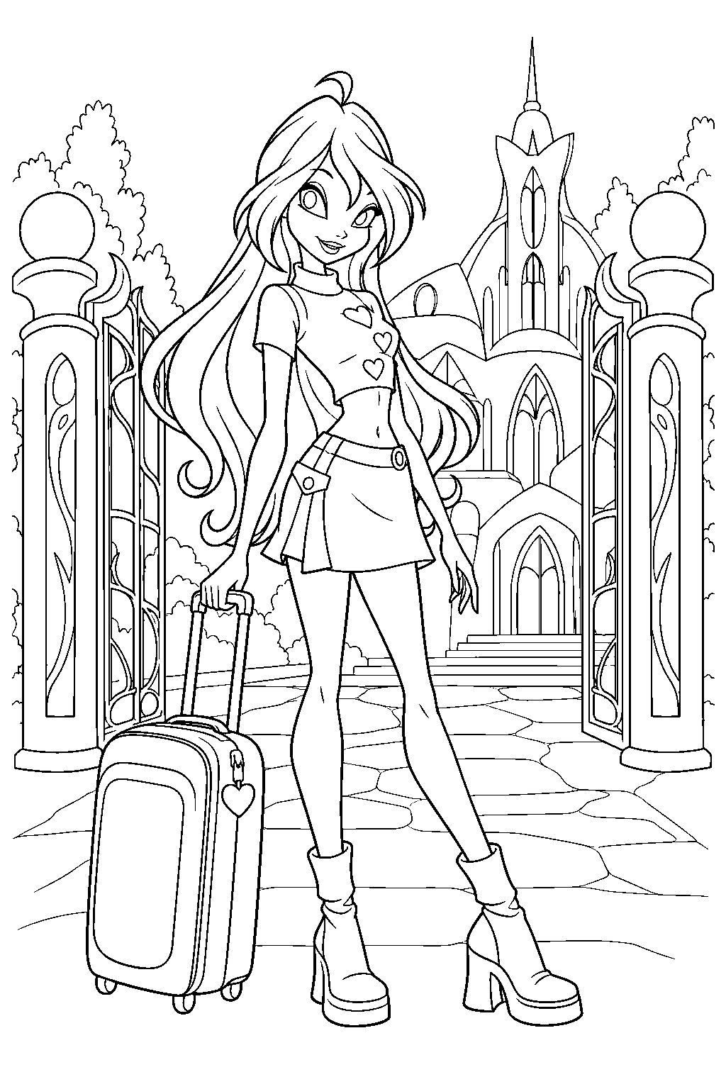 winx club bloom arriving at alfea with her suitcase line art