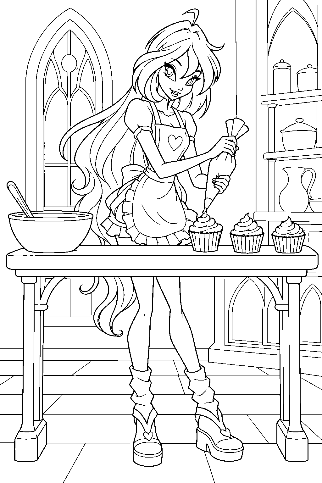 winx club bloom baking cupcakes in the alfea kitchen line art