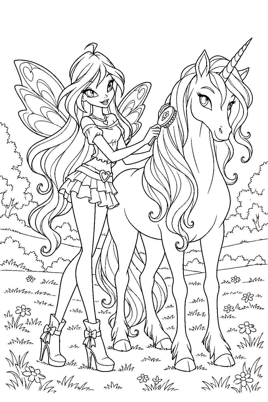 winx club bloom brushing elas the unicorn in a meadow line art