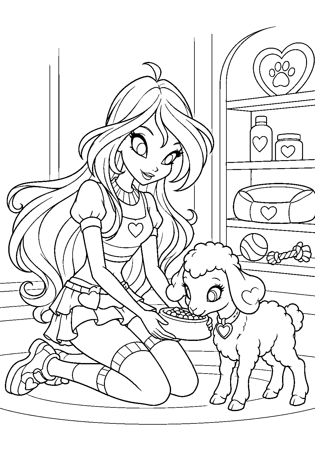 winx club bloom caring for belle the lamb at the love and pet shop line art