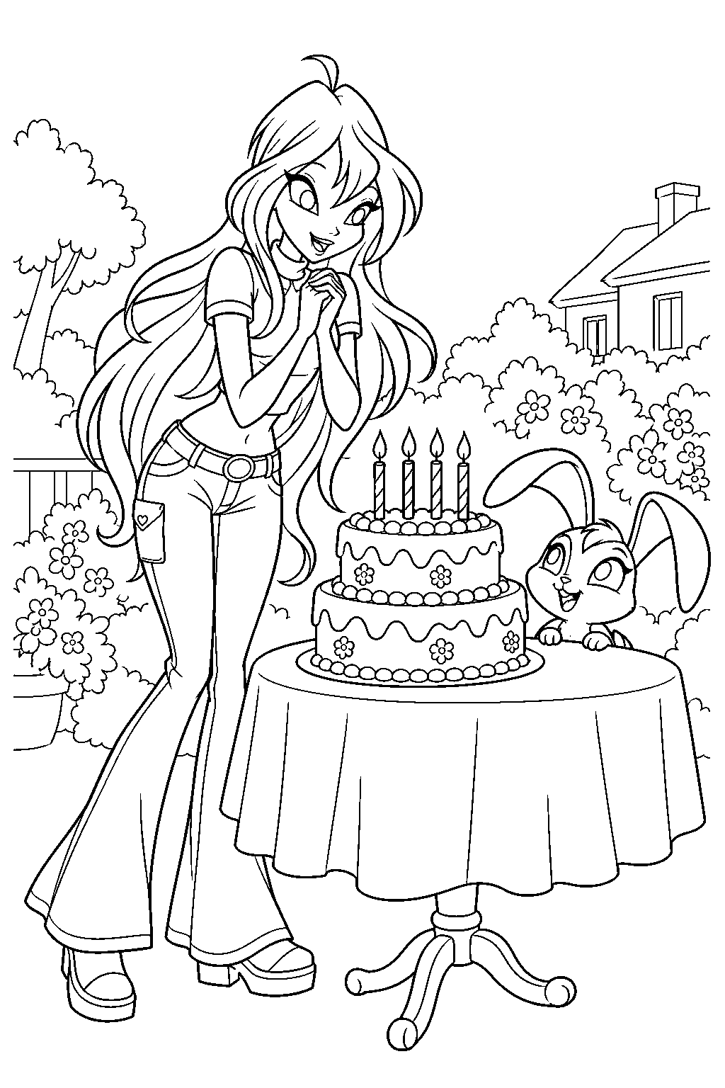 winx club bloom celebrating her birthday with kiko beside a birthday cake line art