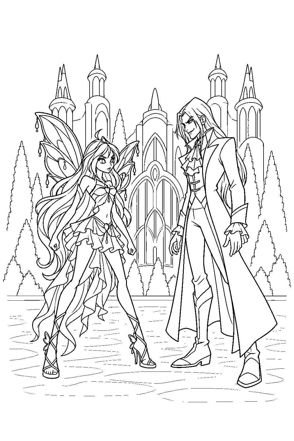 winx club bloom confronting valtor outside alfea line art
