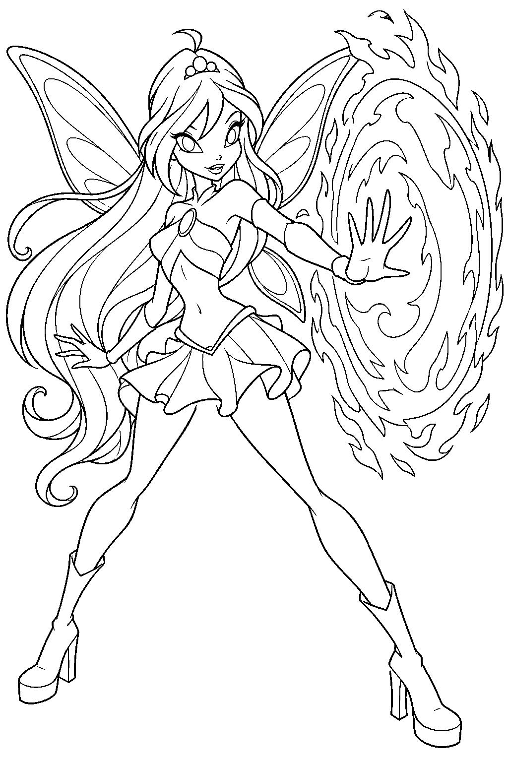 winx club bloom creating a protective shield with her dragon flame magic line art