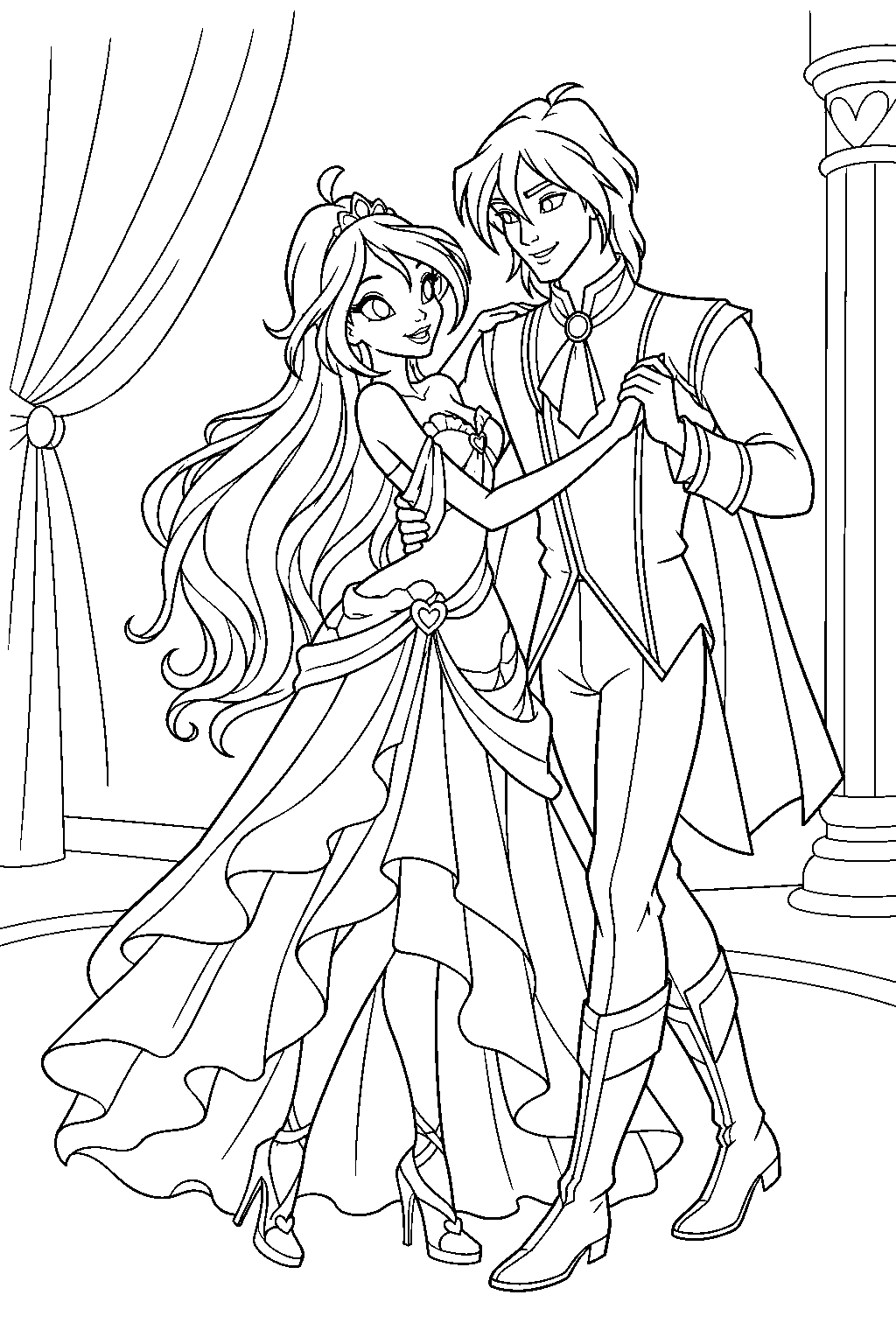 winx club bloom dancing with sky at the alfea ball line art