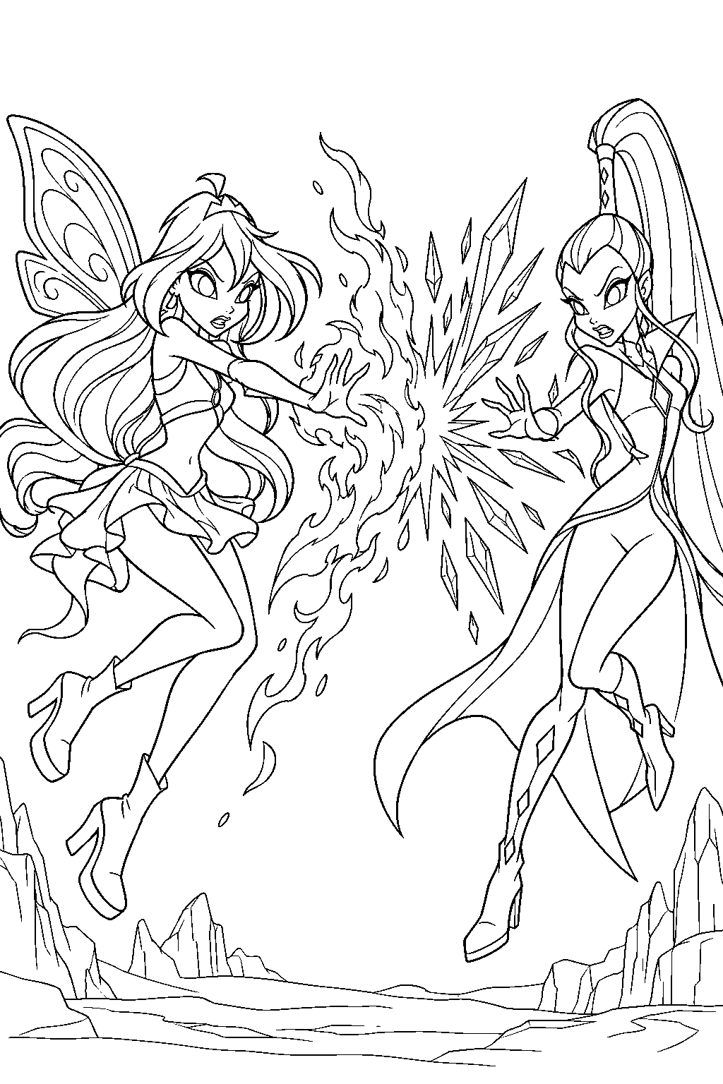 winx club bloom facing icy in a fire and ice duel line art