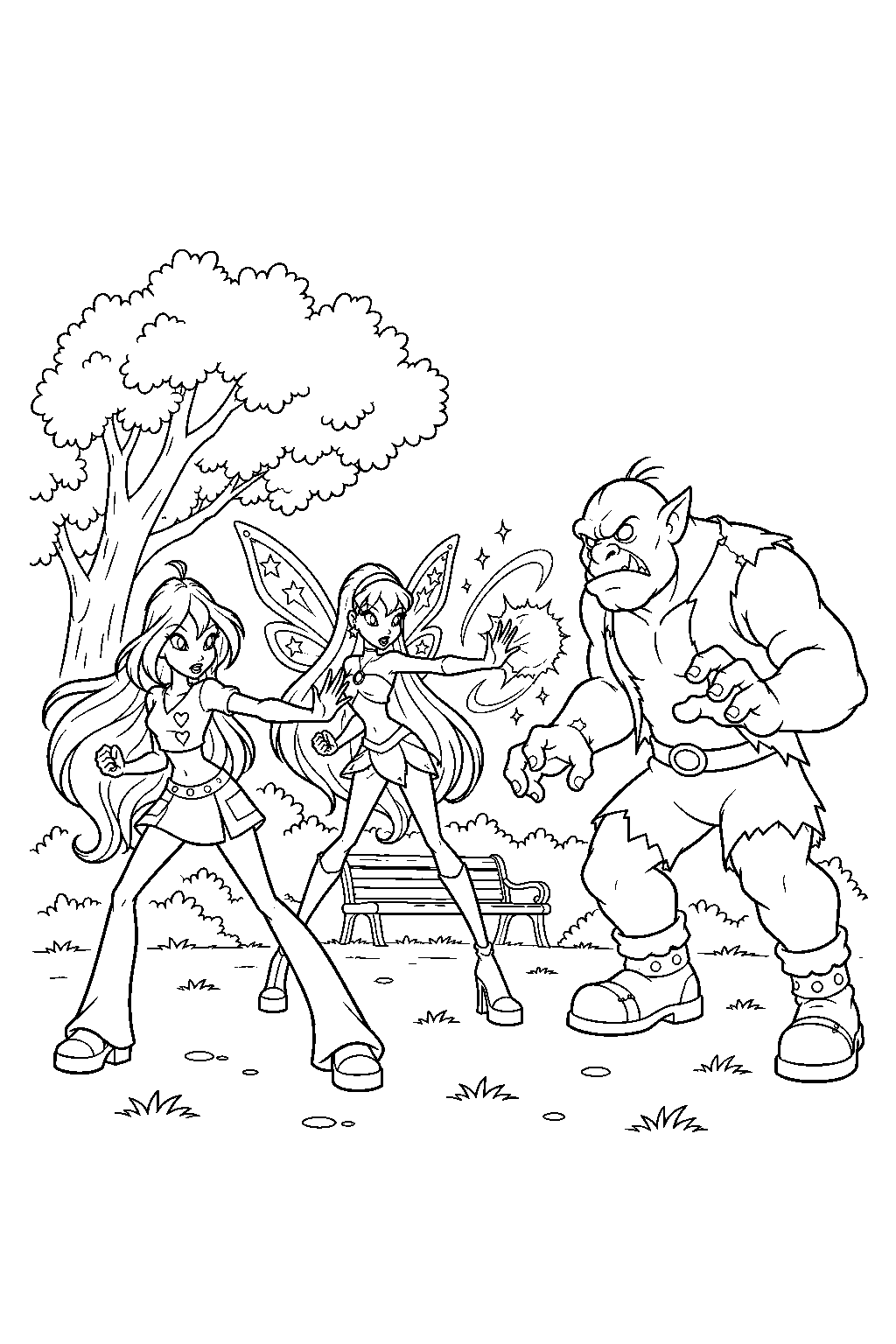 winx club bloom helping stella fight knut in gardenia park line art