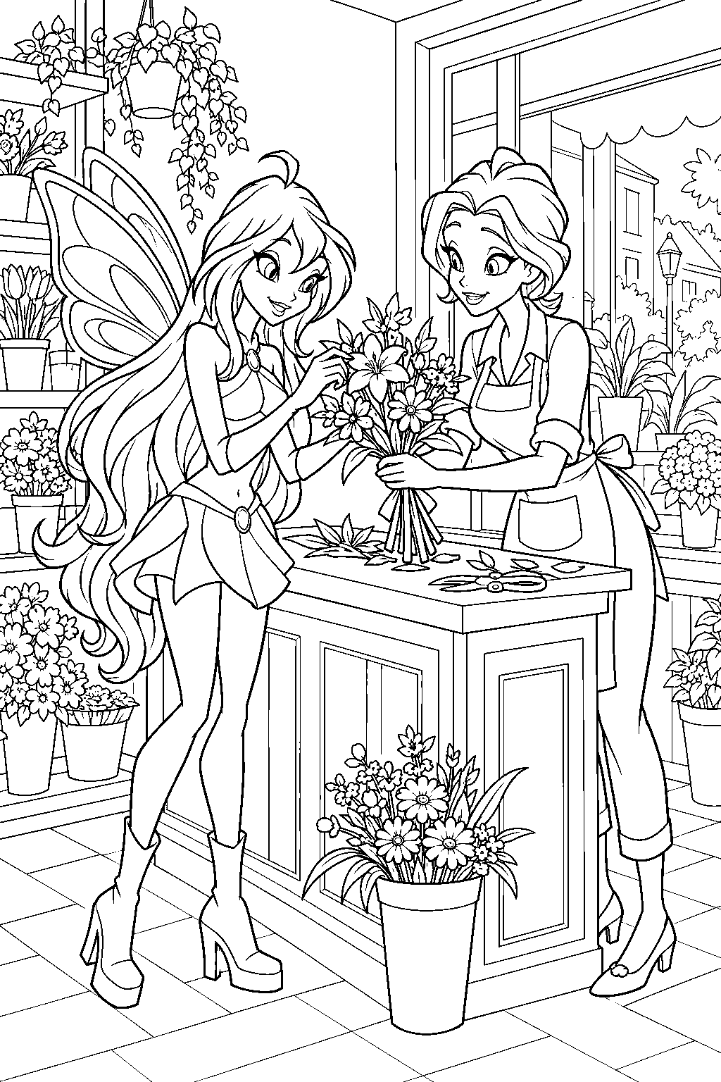 winx club bloom helping vanessa arrange flowers in her flower shop line art