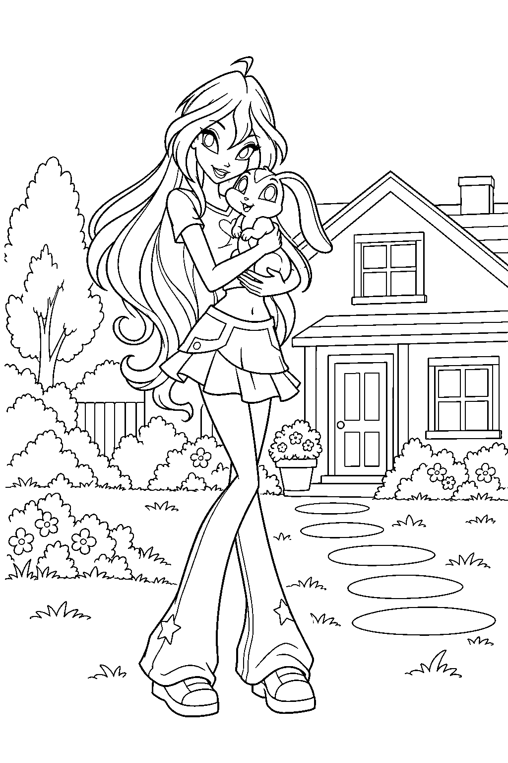 winx club bloom holding kiko the rabbit outside her gardenia home line art