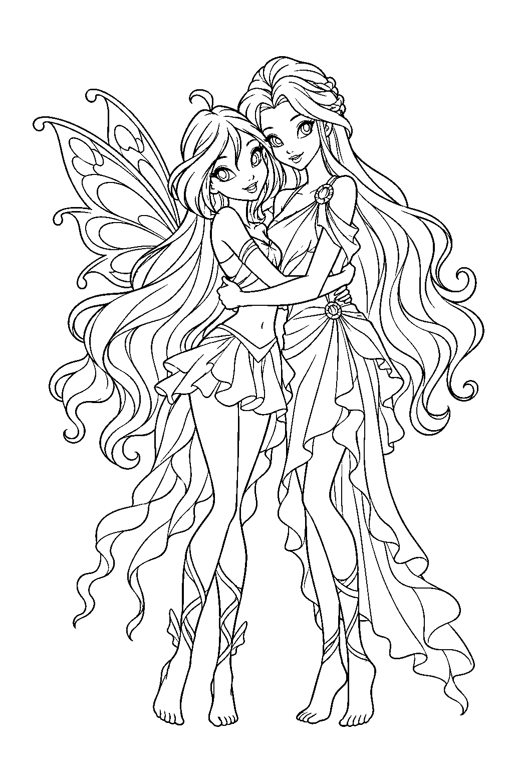 winx club bloom hugging daphne after breaking the sirenix curse line art