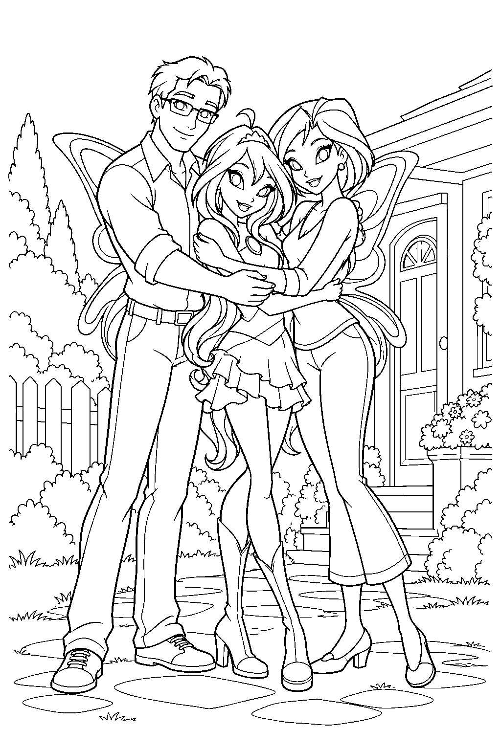 winx club bloom hugging mike and vanessa at their gardenia home line art