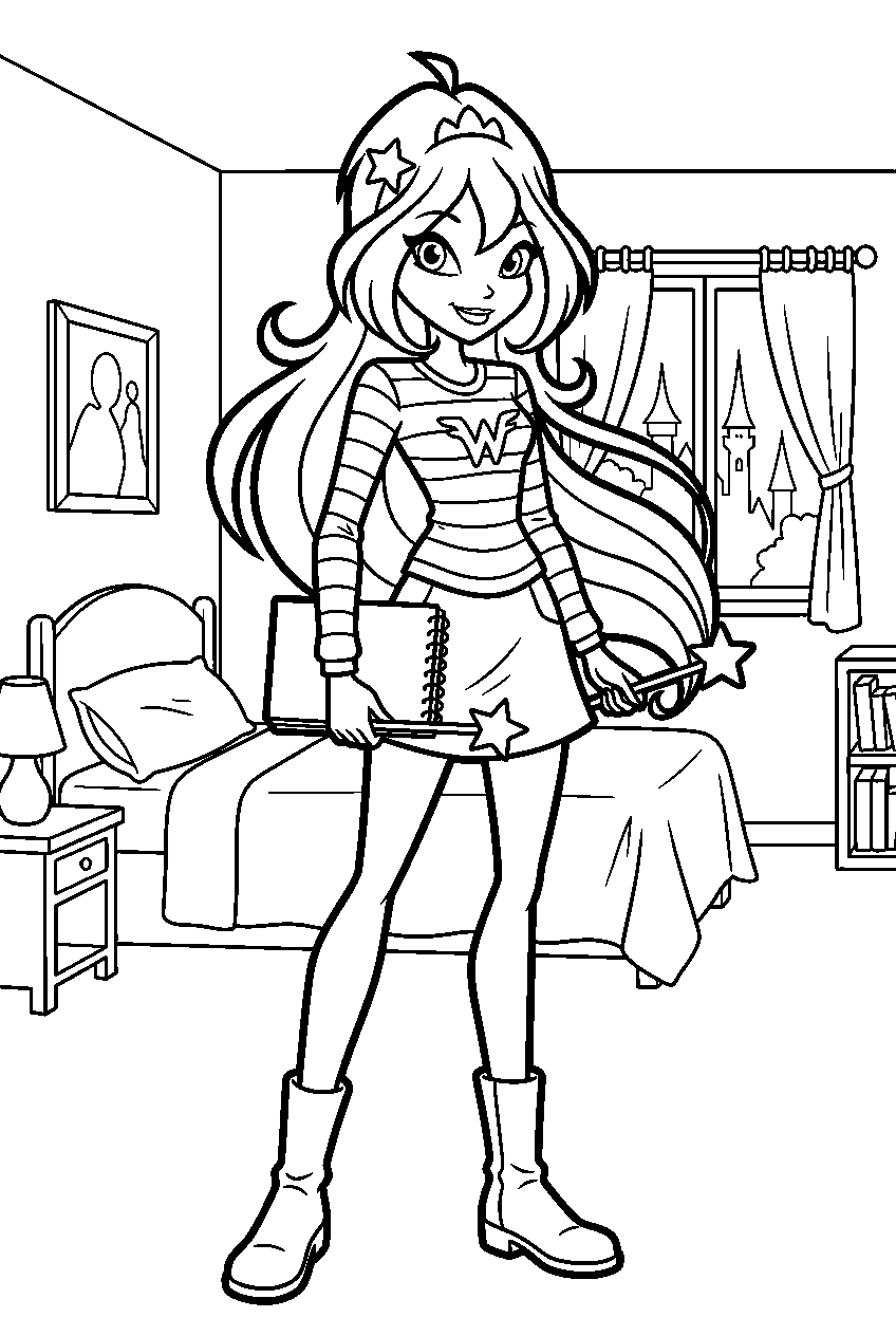 winx club bloom in alfea dormitory line art