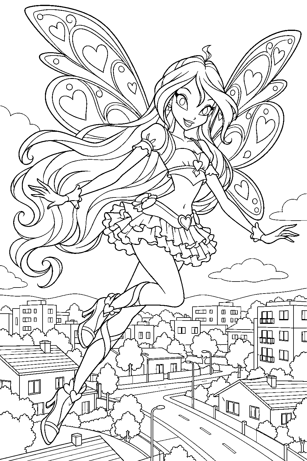 winx club bloom in her believix fairy form flying above gardenia line art