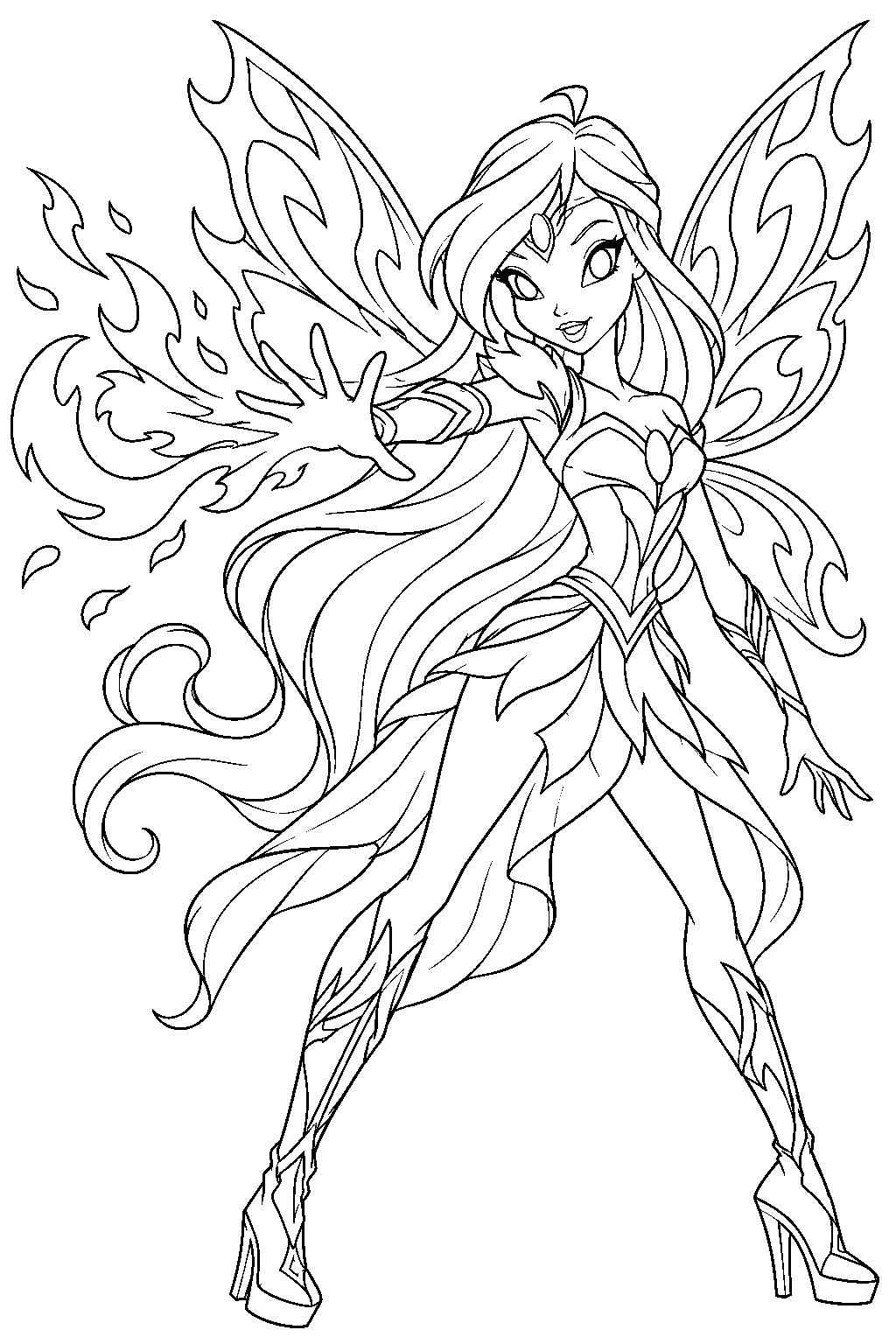 winx club bloom in her bloomix fairy form casting a dragon flame spell line art