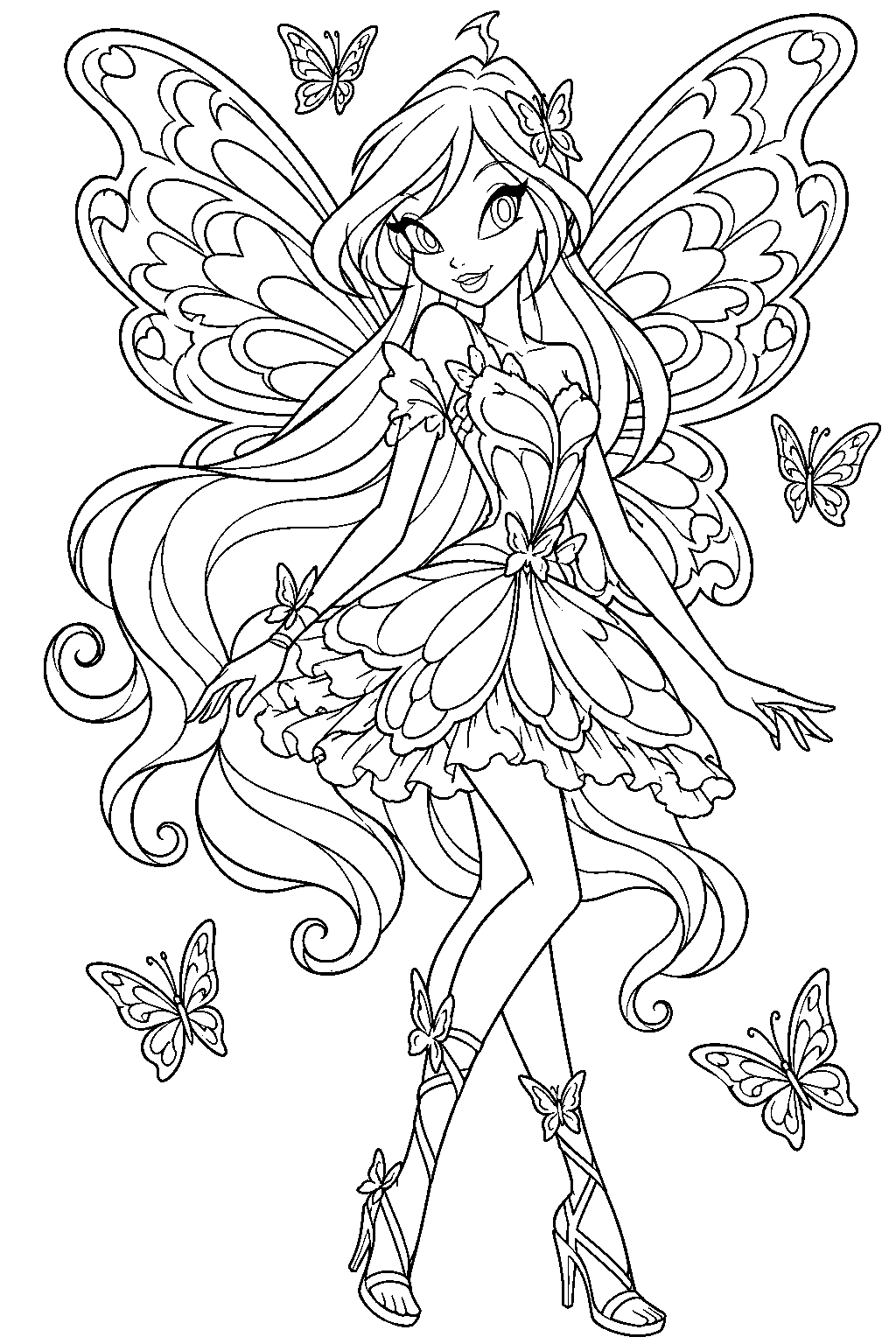 winx club bloom in her butterflix fairy form surrounded by butterflies line art